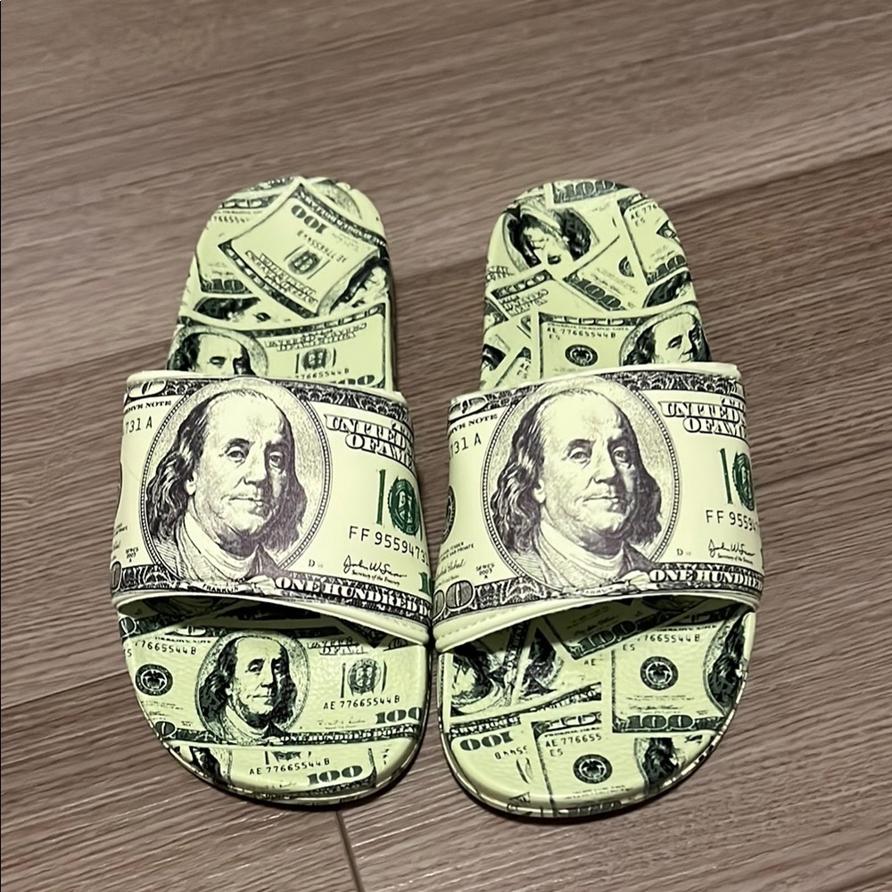 Money Print Slide Sandals